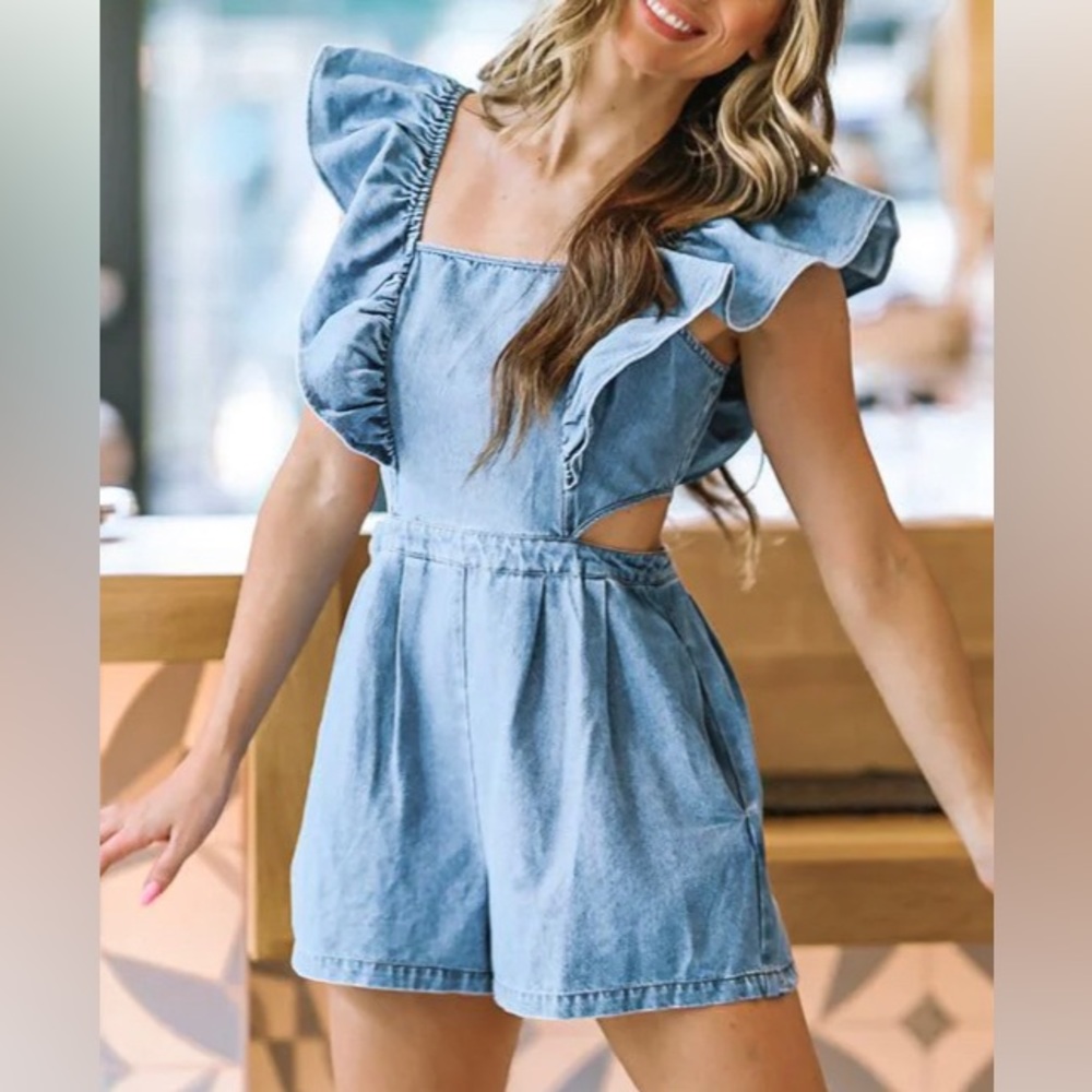 Denim Romper Ruffle Sleeve With Cut Outs